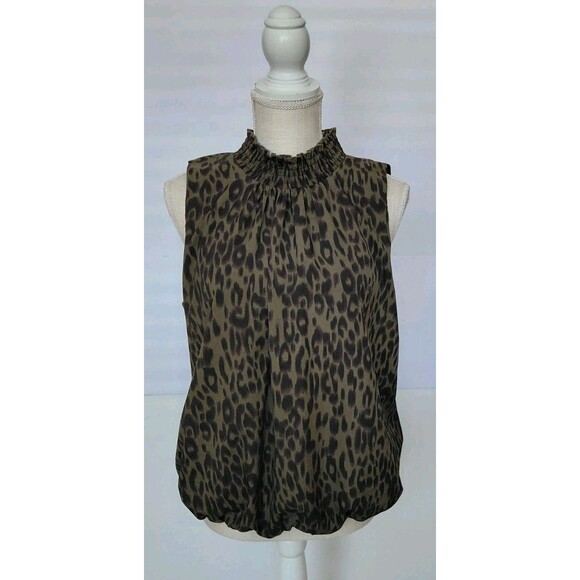 Anthropologie THML Size L Olive Green Animal Print Sleeveless Mock Neck Blouse - Picture 1 of 10